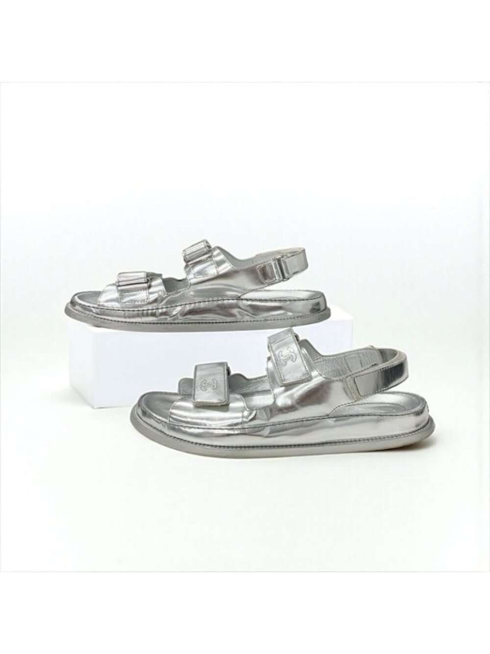 Chanel Sandals Shoes Leather Silver Coco Mark Velcro - Picture 3 of 10